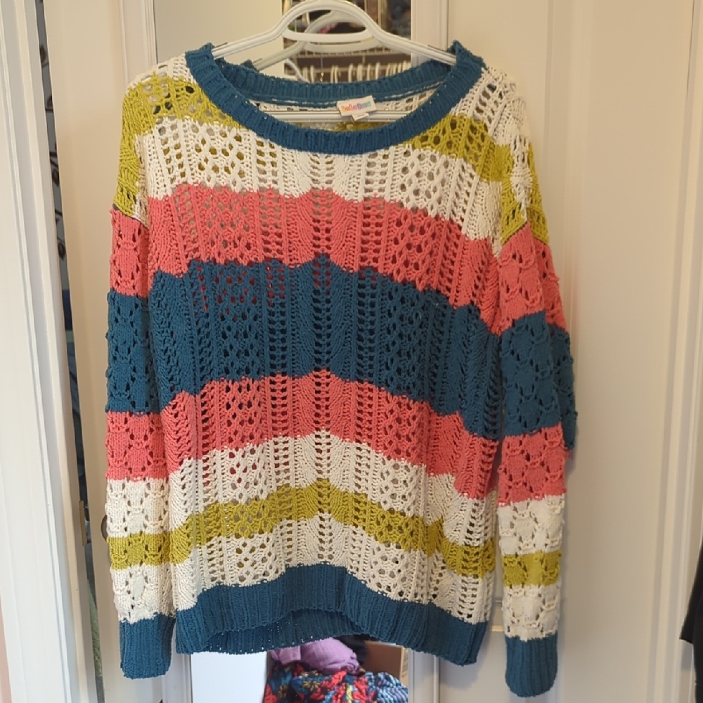 LuLaRoe Blue and Pink Crew Neck Sweater